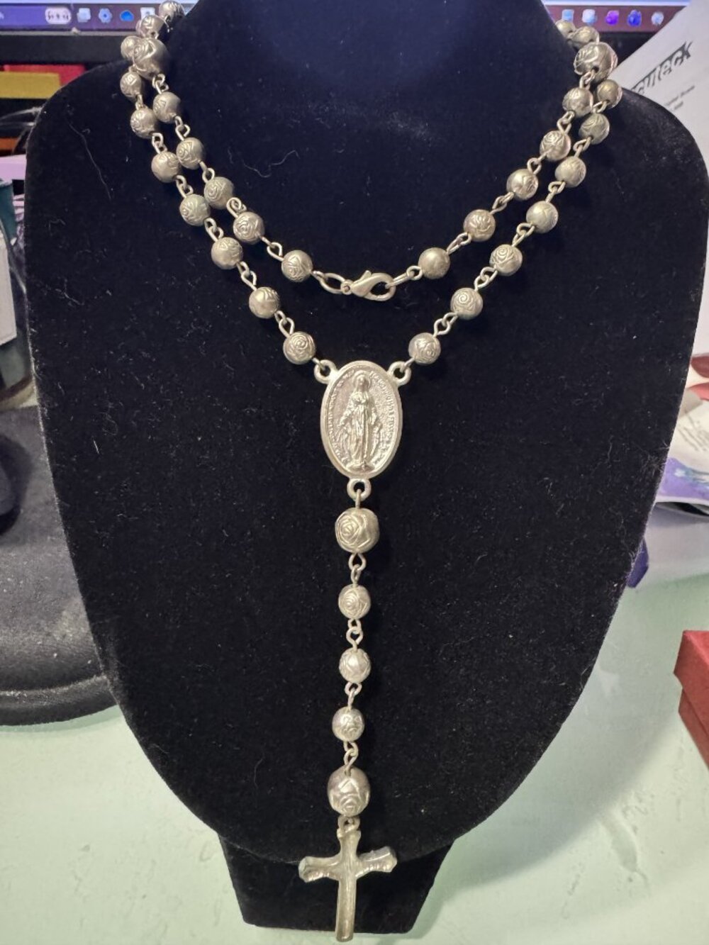 Vintage Silver Rosary Necklace with Rose- Embossed Beads 36+ Inches